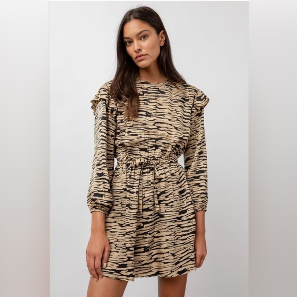 Rails Ora Animal Print Smocked Waist Ruffle Shoulder Mini Dress Size S